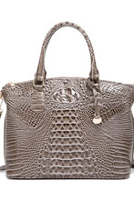 Glossy dark grey crocodile-embossed leather handbag with top handles