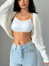 White ribbed cropped knit open front cardigan with shoulder seam