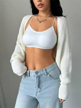 Cropped knit open front cardigan with white textured open-knit pattern