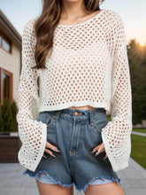 Cropped Open-Knit Sweater Cover-Up with Bell Sleeves