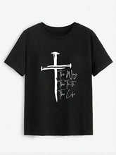 Black short-sleeve cross graphic round neck t-shirt with The Way The Truth The Life text
