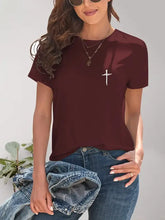 Womens maroon short-sleeve cross graphic round neck t-shirt