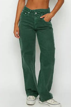 Dark green high-waisted denim crossed waist raw hem shift jeans with relaxed fit and classic five-pocket design