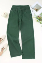 Dark green denim crossed waist raw hem straight-leg jeans with frayed hems for a stylish casual look