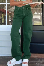 Dark green wide-leg denim jeans with high-rise fit and crossed waist raw hem shift design