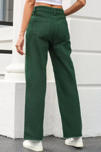 Dark green wide-leg denim jeans with straight hem and classic back pockets from crossed waist raw hem shift jeans collection