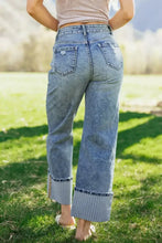 Light-wash denim cuffed straight loose jeans with rolled cuffs and ribbed fabric lining for added comfort