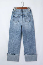 Light-wash denim cuffed straight loose jeans with rolled cuffs and ribbed striped inner lining