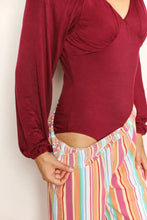 Culture code maroon long-sleeved size v neck bodysuit with ruched neckline and elastic cuffs for stylish wear