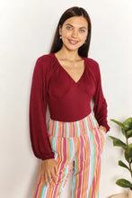 Culture Code maroon long-sleeved size v neck bodysuit with ruched detailing and neck bodysuit design