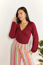 Culture code maroon satin full size v neck bodysuit with long sleeves and gathered shoulder details