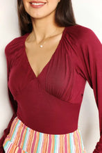 Culture Code maroon satin long-sleeved size v neck wrap bodysuit with gathered shoulder detailing