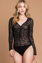 Black lace culture code round neck mesh perspective bodysuit with long sleeves and ruched front detail