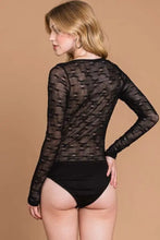 Black lace long-sleeved mesh perspective bodysuit with solid black brief-style bottom by culture code