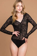 Culture Code round neck black mesh perspective bodysuit with sheer lace long sleeves and front zipper closure