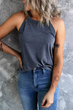 A dark gray sleeveless halter neck curved hem grecian tank top with relaxed fit and slightly frayed hem width
