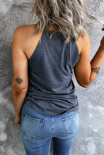A dark gray soft textured sleeveless tank top with a relaxed fit and a curved hem grecian design and hem width detail