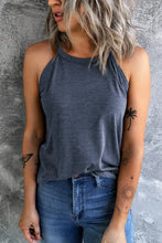 A soft heathered gray halter neck tank top with relaxed fit featuring a curved hem and adjustable hem width