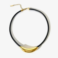 18K gold-plated curved tube leather rope necklace with black choker