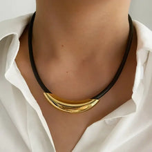 18K gold-plated curved tube leather rope necklace with bar pendant