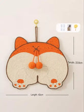 Tapis à griffer pour chat en tissu crème orange avec queue pompon, design animal mignon avec balles suspendues