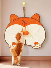 Griffoir pour chat en crochet orange et blanc avec un design animal mignon et des balles suspendues