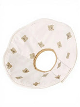 White fabric neck pillow with beige bear prints, protective pet collar alternative to traditional hard cones