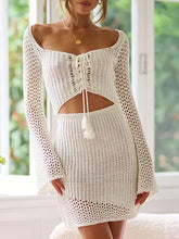 White crochet long-sleeve mini dress with lace-up front and cut-outs