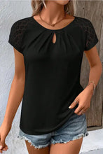 Women’s black cutout round neck lace short sleeve T-shirt with denim shorts