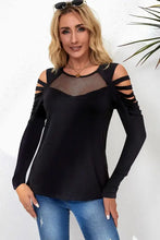 Cutout round neck long sleeve t-shirt with shoulder cutouts and mesh chest insert