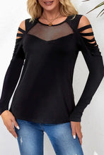 Black cutout round neck long sleeve T-shirt with mesh yoke