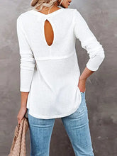White cutout round neck long sleeve waffle knit top with back keyhole