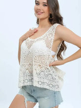 Cream crochet knit sleeveless tank top with cutout round neck