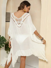 White crochet cutout ruffled half sleeve cover-up with ruffled hem