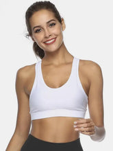 White racerback sports bra with cutout scoop neck, machine wash cold
