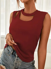 A maroon cutout sleeveless tank top with a high neckline and shoulder cutouts for stylish summer wear