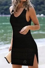 Black sleeveless crochet cutout slit wide strap cover-up dress with side slit