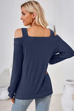 Womens navy blue waffle knit cutout square neck cold shoulder top