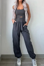Cutout square neck active jumpsuit with charcoal gray jogger pants