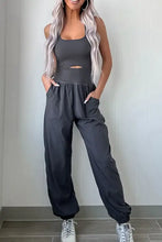 Cutout square neck wide strap active jumpsuit in charcoal gray with pockets