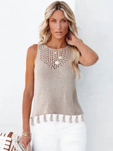 Beige knitted cutout tassel round neck tank with lace openwork neckline and matching fringe trim for stylish wear