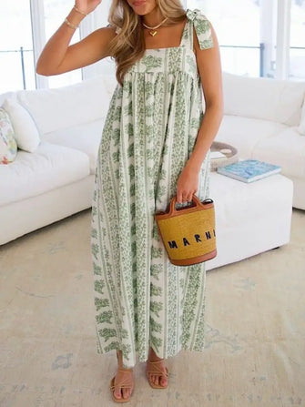 Printed Tie Shoulder Square Neck Midi Dress Light Green Casual Dresses