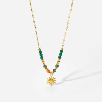 Bohemian Sun Charm Beaded Stainless Steel Necklace Gold One Size
