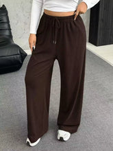 Brown full size drawstring wide leg pants with elastic waistband made of soft sweatpant material
