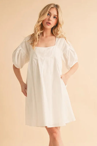 Aemi + Co Square Neck Babydoll Dress with Pockets White