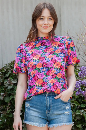 Floral Print Puff Sleeve Round Neck Blouse Floral Woman Blouses