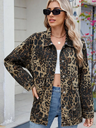Leopard Button Up Drop Shoulder Denim Jacket Leopard