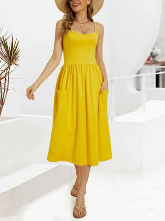 Scoop Neck Midi Dress with Pockets Yellow Casual Dresses