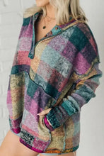 Multicolor Brushed Plaid Buttoned Pullover Oversized Hoodie Woman Sweatshirts
