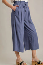 Umgee full size linen wide fit pants in dusty blue with drawstring waist and subtle pleats offer comfort and style